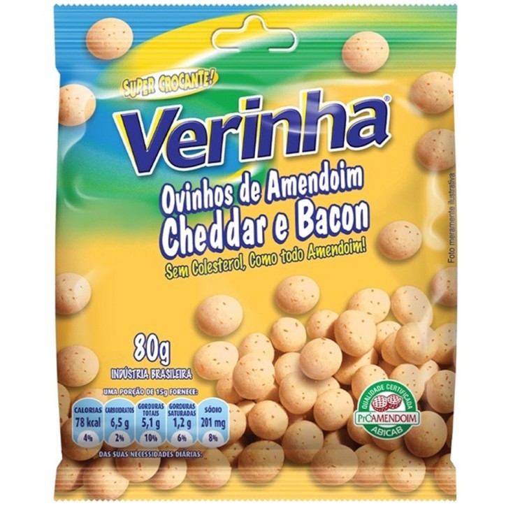 Verinha, Ovinhos de Amendoim Cheddar e Bacon 80g Verinha, Ovinhos de Amendoim Cheddar e Bacon 80g