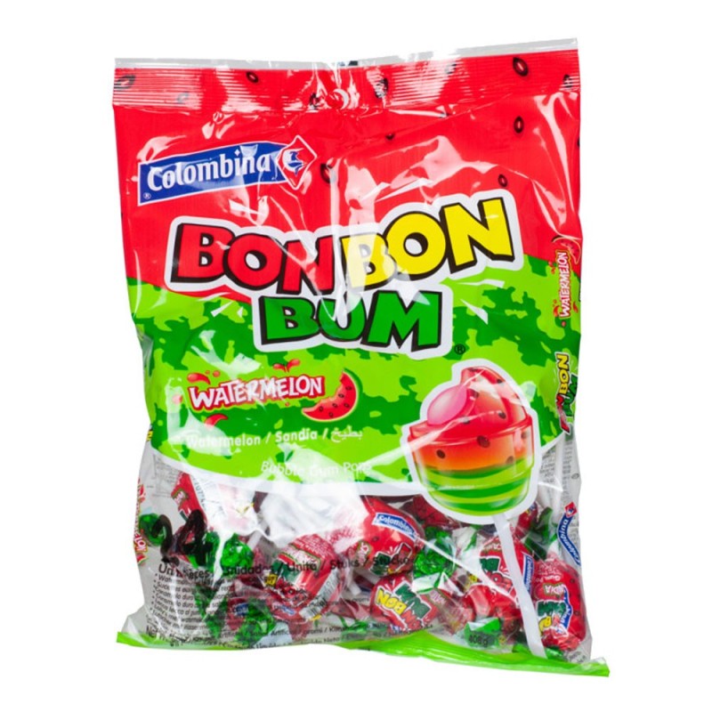 COLOMBINA Bon Bon Bum, Paletas Sabor Sandia Rellenas de Chicle 408g