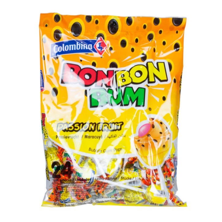 COLOMBINA Bon Bon Bum, Paletas Sabor Maracuja Rellenas de Chicle 408g