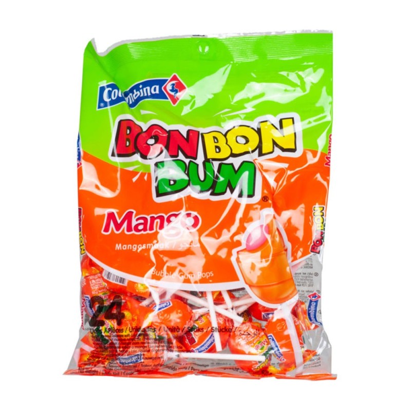 COLOMBINA Bon Bon Bum. Paletas Sabor Mango Rellenas de Chicle 408g