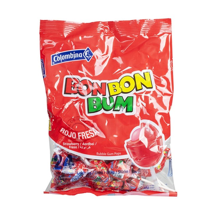 COLOMBINA Bon Bon Bum, Palettas Sabor Fresa Rellenas de Chicle 408g