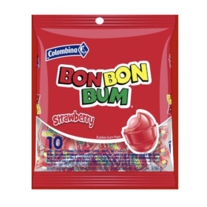 COLOMBINA Bon Bon Bum, Palettas Sabor Fresa Rellenas de Chicle 160g